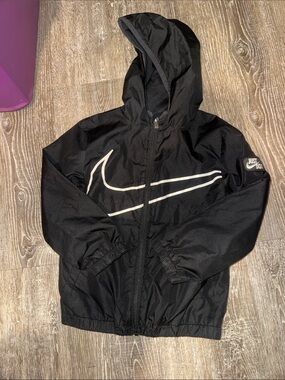 Nike Black Kids' Hooded Windbreaker with White Swoosh size 6 (M)